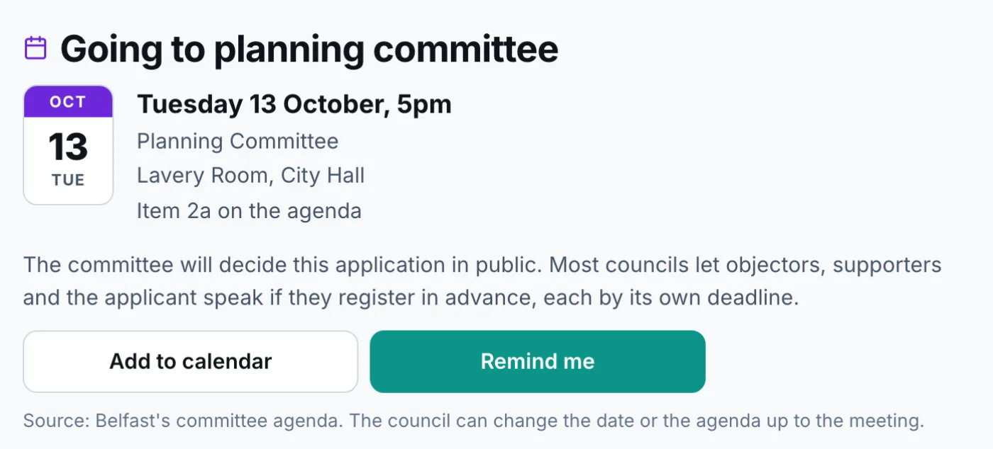 The Going to planning committee card on the application for the former Sirocco Works in Belfast: Tuesday 13 October at 5pm, Planning Committee, Lavery Room, City Hall, item 2a on the agenda, with the buttons Add to calendar and Remind me.