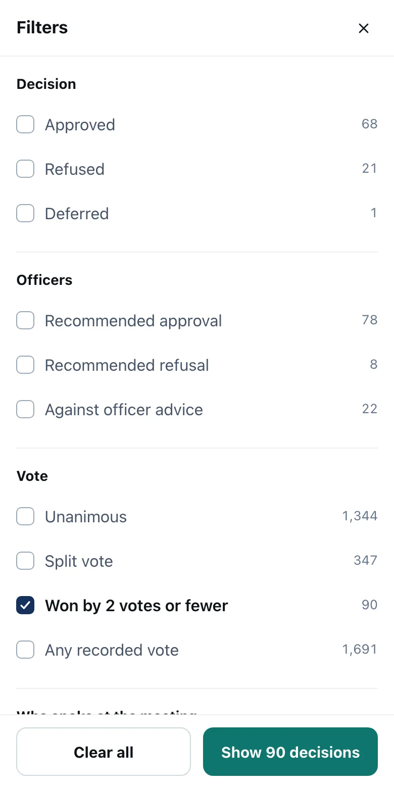 The filters on a phone, with Won by 2 votes or fewer ticked and a button reading Show 90 decisions.
