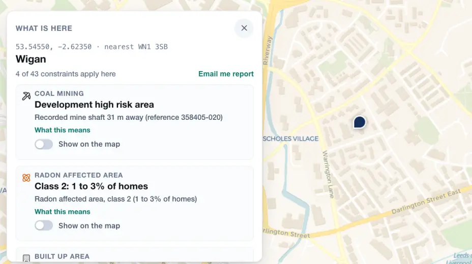 The Check a spot card for a point in Wigan. It reads 4 of 43 constraints apply here. The first row is coal mining, the development high risk area, with a recorded mine shaft 31 m away and its reference. The second is a radon affected area, class 2, 1 to 3% of homes.