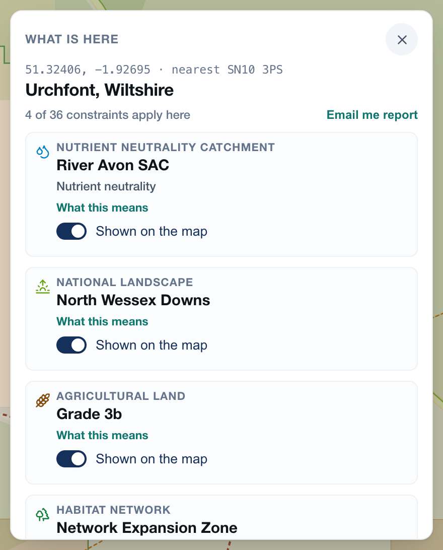The Check a spot card open beside a map of Wiltshire. It shows the coordinates and the nearest postcode, the place name Urchfont, a line reading 4 of 36 constraints apply here, and then a row for each: the River Avon SAC nutrient neutrality catchment, the North Wessex Downs national landscape, agricultural land grade 3b and a habitat network.