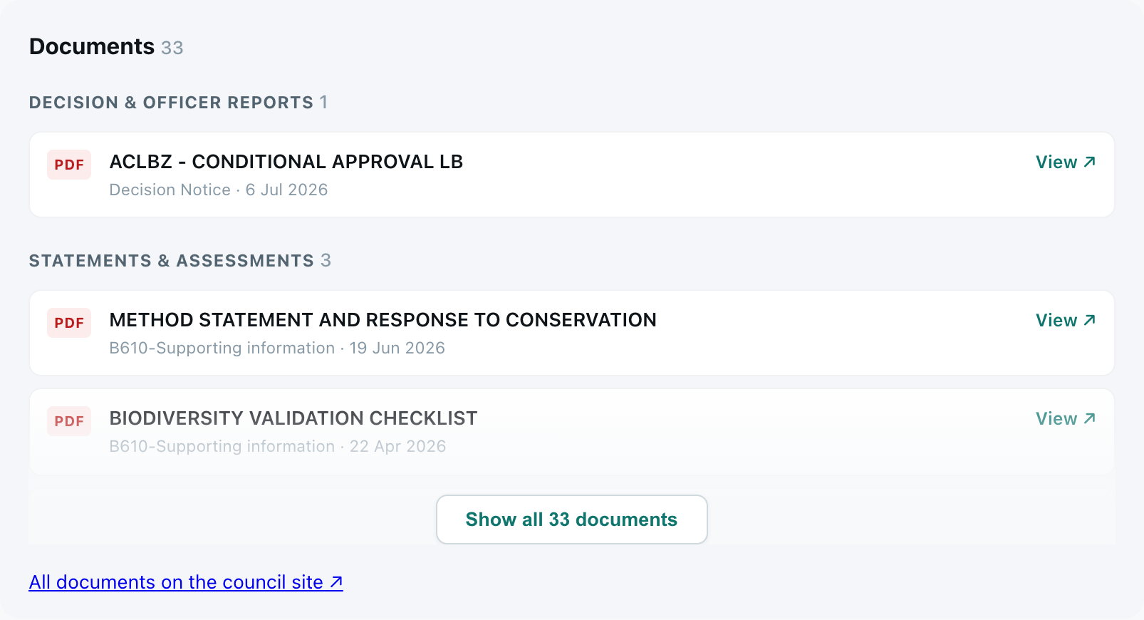 The Documents module on an application page: 33 documents grouped by type, each linking to the file on the council register