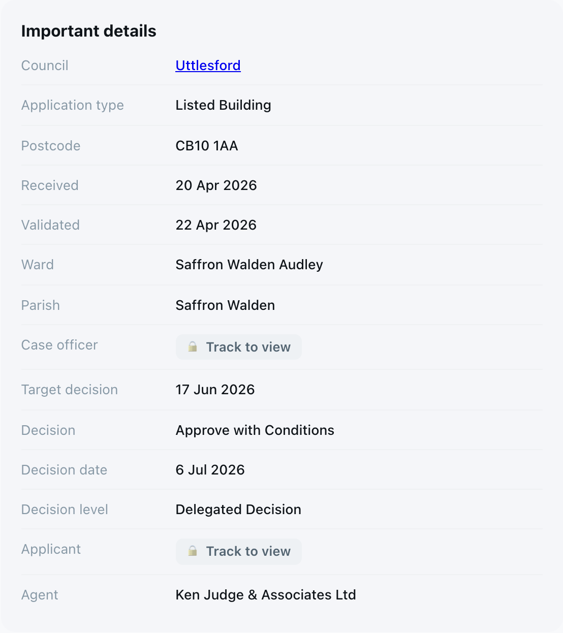 The Important details panel: council, application type, postcode, received and validated dates, ward, parish, target decision, decision Approve with Conditions, decision date, decision level, and agent - with case officer and applicant shown as locked Show pills.