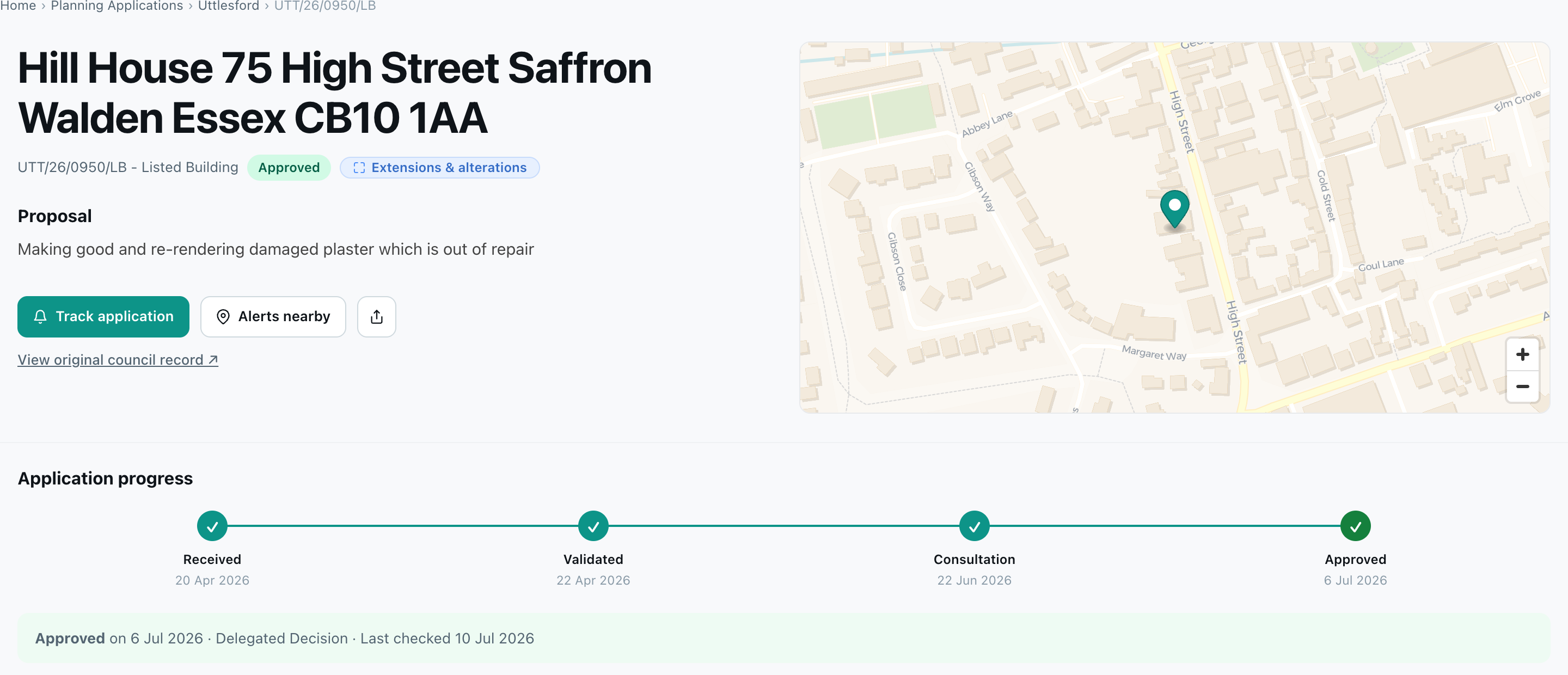 An application page showing the proposal, Approved status, a Track application button, a site map, and a progress timeline from Received to Approved