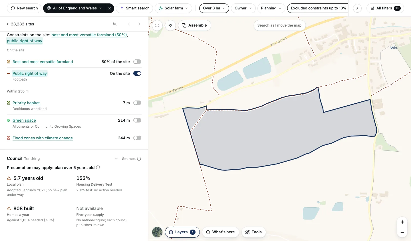 The constraints on the field at Wix: best and most versatile farmland on 50% of the site, and a public footpath with its switch on, drawn on the map as a dashed line along the field's edges.