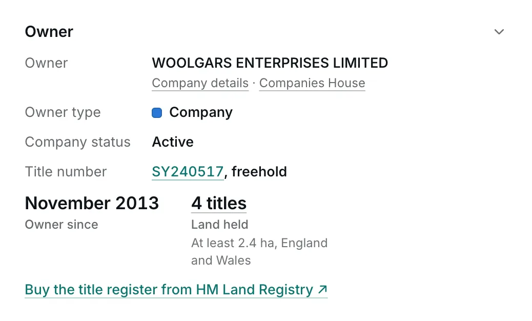 The owner section of a company-owned site: the company's name and number, its registered office, how many titles it holds in England and Wales and a link to its other land.