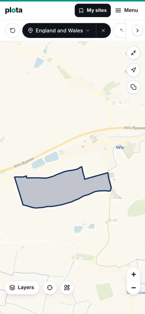 The map full screen on a phone with a site outlined and its card at the foot.