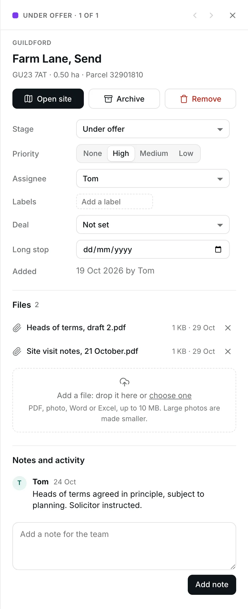 One site open in the pipeline: its stage, priority, assignee, labels, deal and long stop date, two attached PDFs, and the team's notes.