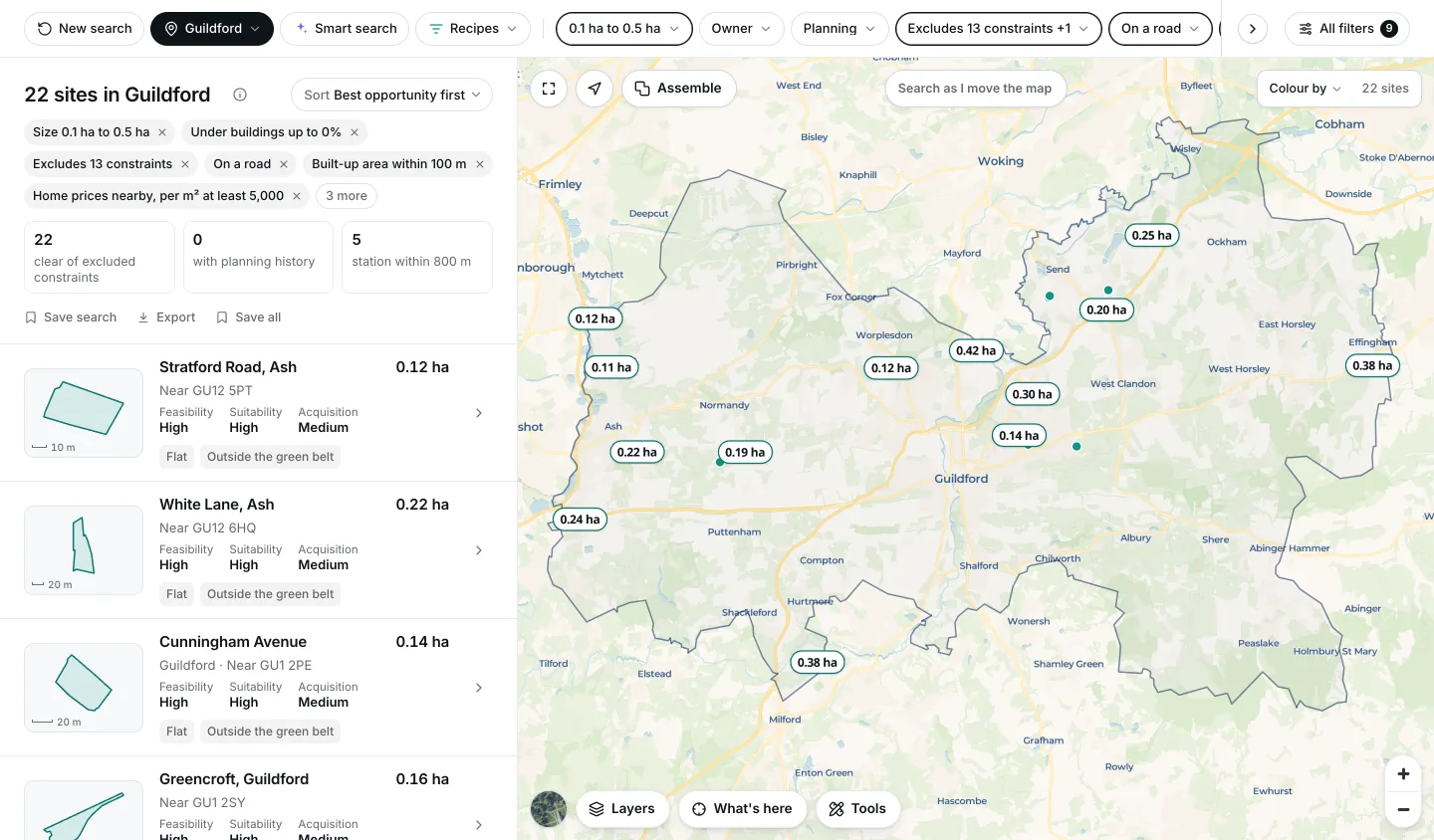 A small housing plot search in Guildford built from plain filters: 0.1 to 0.5 hectares, under buildings 0%, clear of excluded constraints, on a road, a built-up area within 100 metres and home prices nearby of at least 5,000 pounds a square metre: 22 sites listed with their ratings, and their sizes on the map.