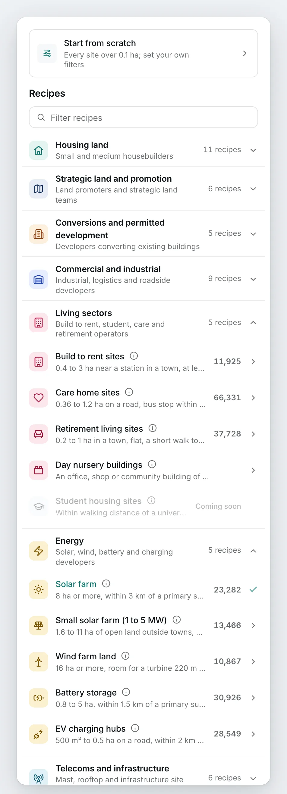 The recipe menu: Start from scratch, a box to filter the recipes, and the ten recipe groups, from housing land and strategic land to energy, telecoms, nature, motivated owners and planning history, each with its number of recipes.
