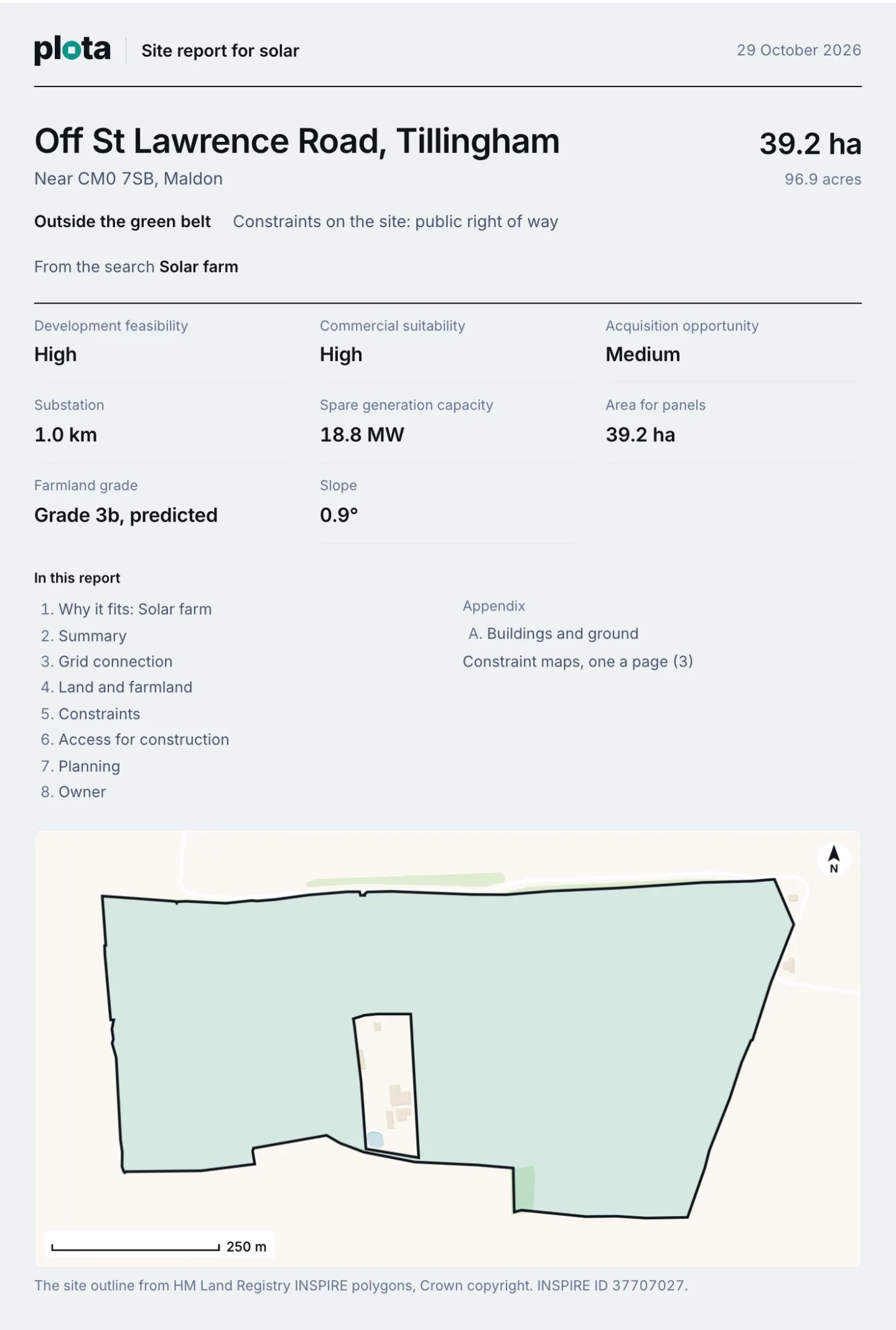 The cover of the solar site report for Off St Lawrence Road, Tillingham: 39.2 hectares, High feasibility and suitability, Medium acquisition, a substation 1 km away with 18.8 MW of spare generation capacity, grade 3b farmland, the report's contents and the site's outline on a map.