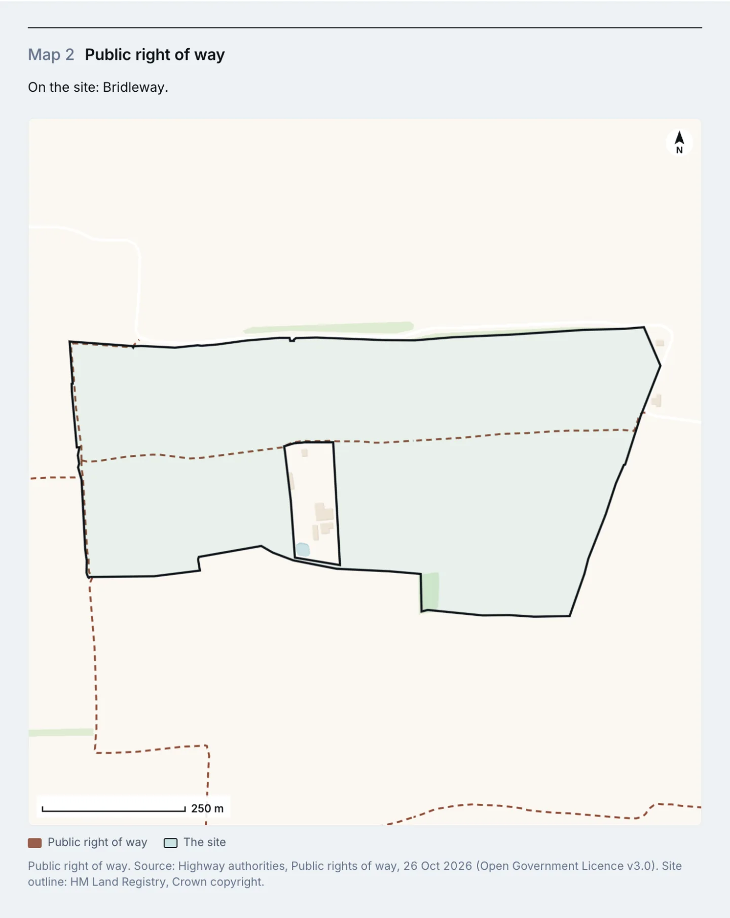 A constraint map page from the report for the field at Tillingham: a bridleway, drawn as a dashed line, crossing the site from west to east, with a scale bar, the key and the source and its date.