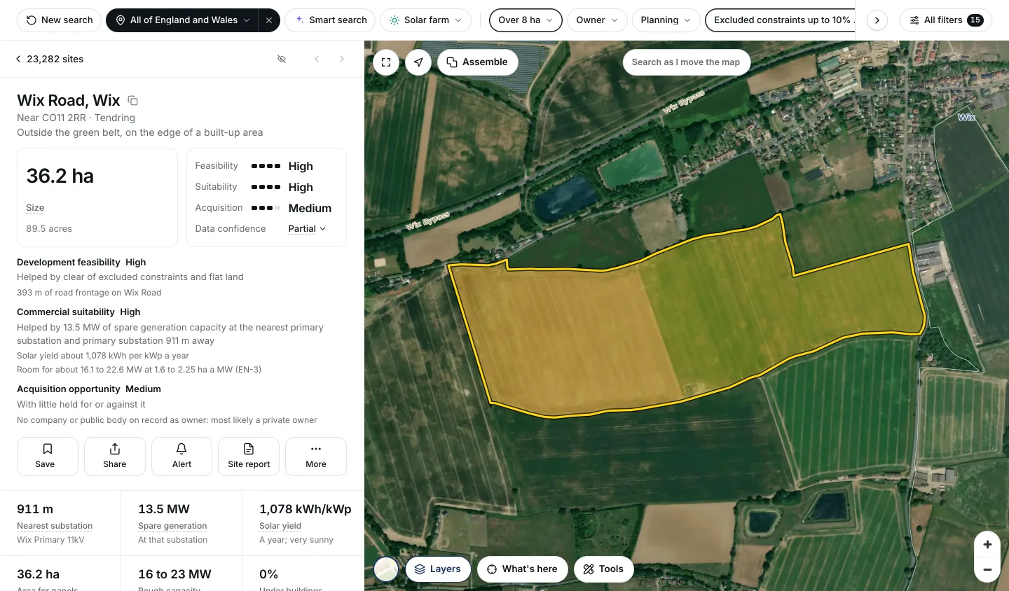 The solar farm field at Wix, Essex, open over aerial photography: 36.2 hectares of arable land outlined in yellow beside the village, with its size and ratings on the left.