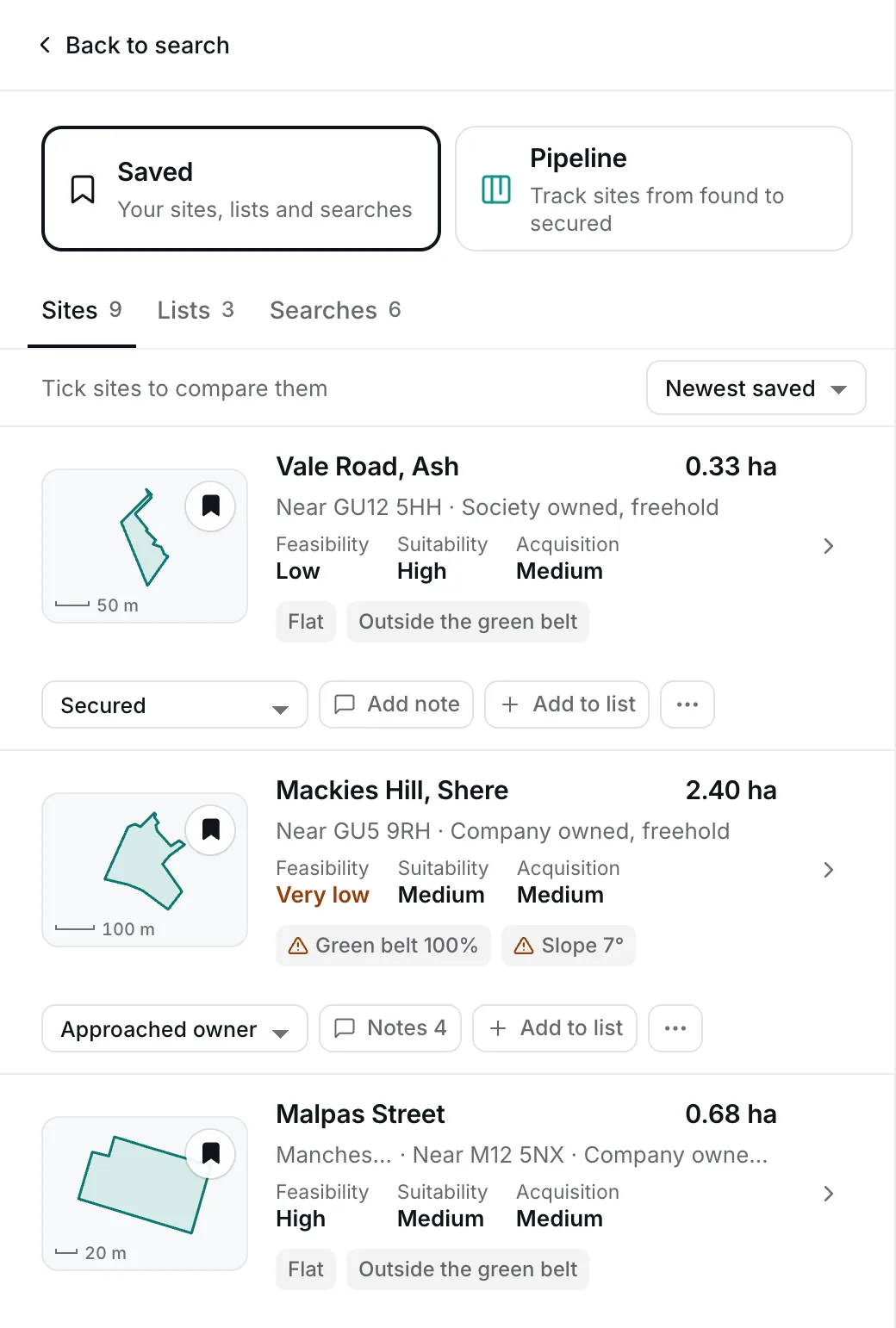 The Saved page for a land team: saved sites with their stage, note and list, and tabs for Sites, Lists and Searches with their counts.
