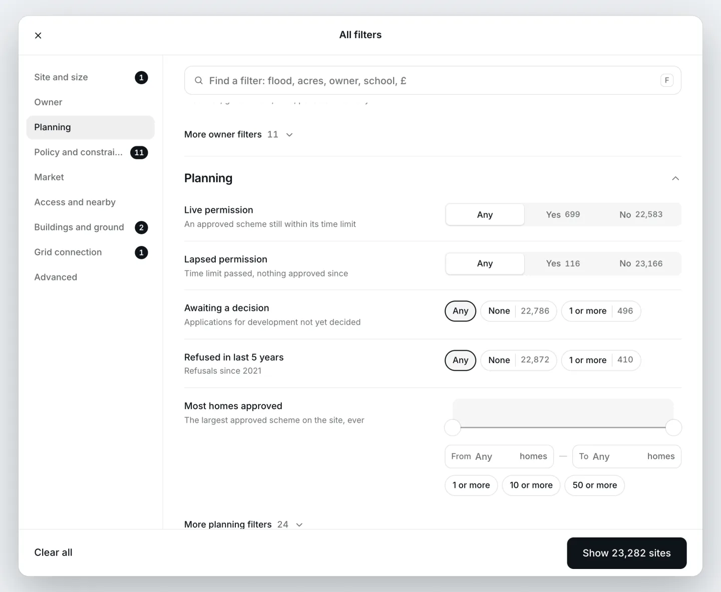 The All filters panel open at Planning: live and lapsed permissions, applications awaiting a decision, refusals in the last five years and the most homes approved, each answer with its number of sites, and the panel's sections down the side.