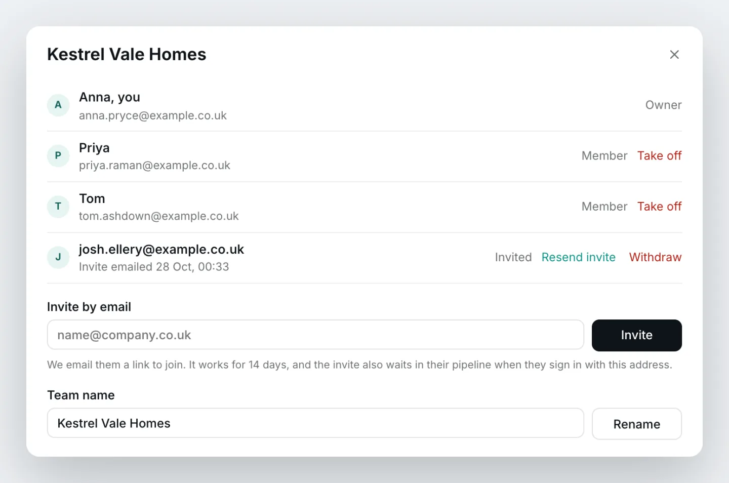 The team panel for a land team of three members, with a pending invite to a fourth colleague and the Resend invite and Withdraw buttons beside it.