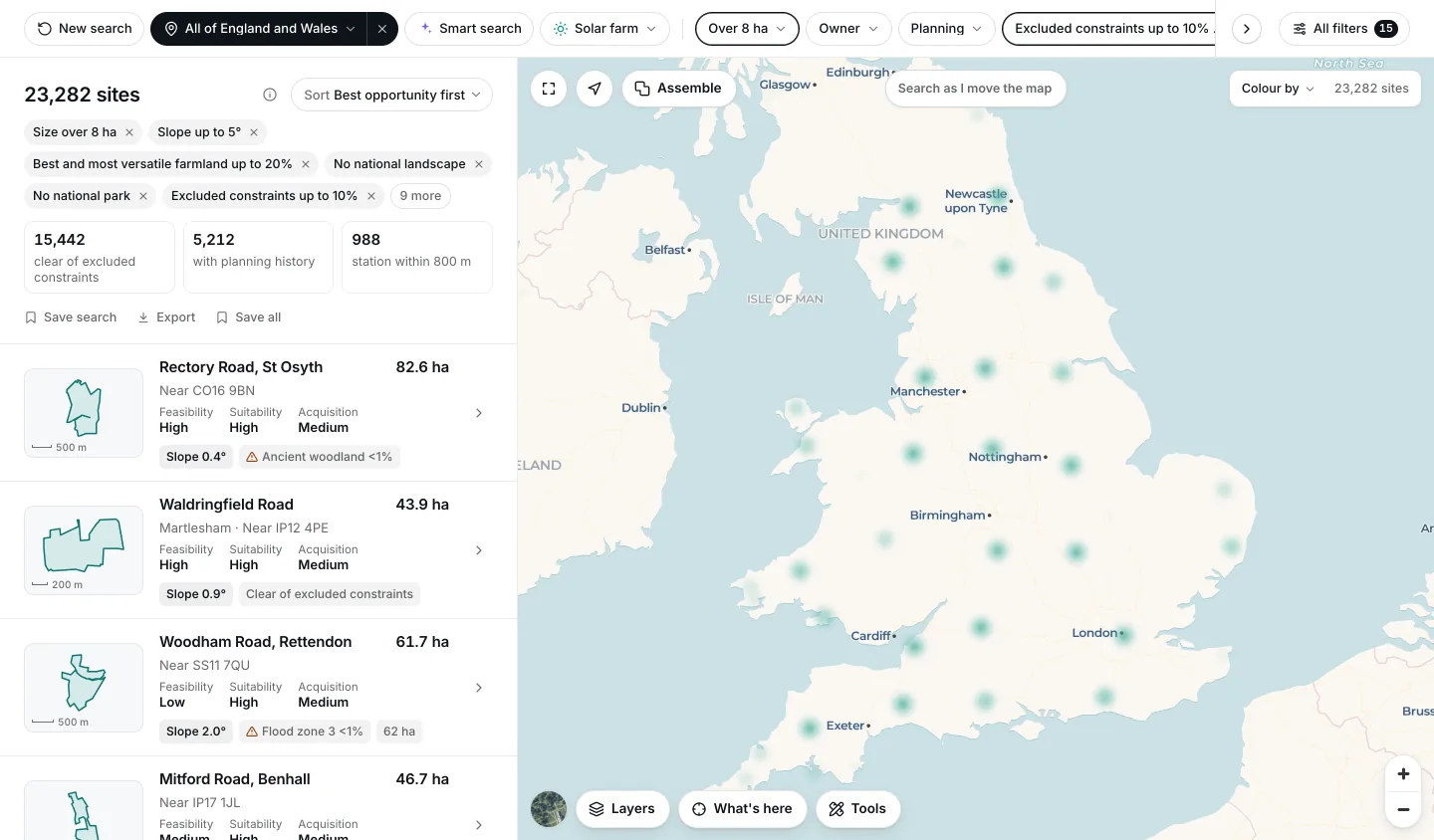 The land search running the solar farm recipe: sites listed on the left, each with its size, place and three ratings in words, and their dots on the map.