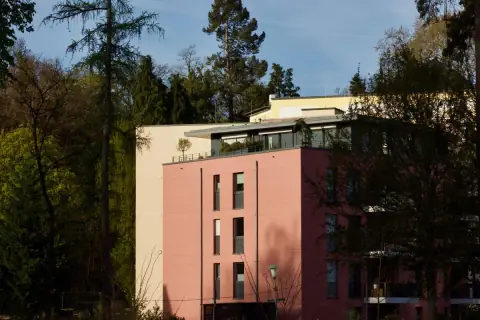 A modern block of flats with roof terraces among tall trees in evening sun