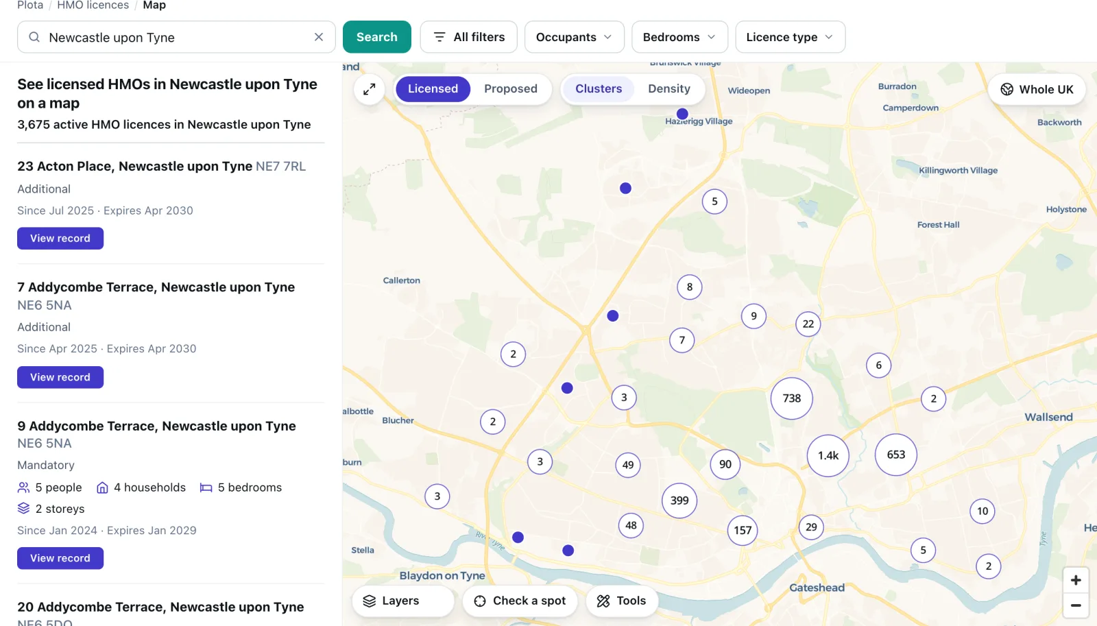 The HMO licences map searched for Newcastle upon Tyne. A list of licences runs down the left, each with its address, licence type, occupants and dates. On the right the map groups the licences into numbered clusters, the largest east of the city centre, with the Licensed and Proposed switch and the Clusters and Density switch above it.