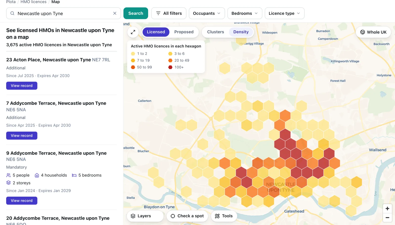 The Density view of Newcastle upon Tyne: hexagons shaded from pale yellow to dark red by the number of active HMO licences in each, darkest in a band east and north of the city centre, with a key reading 1 to 2 up to 100 or more.
