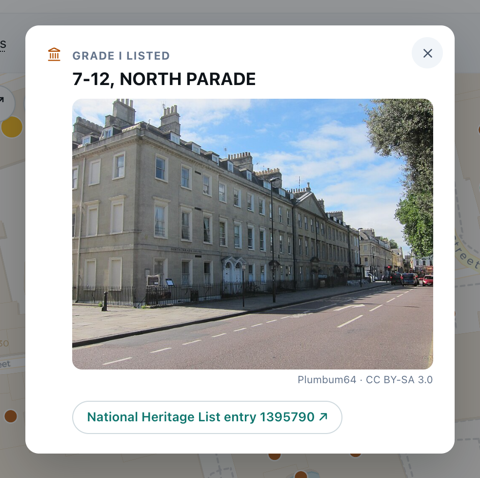 A card for 7-12 North Parade in Bath: a photograph of the terrace, the kicker Listed building, Grade I, and a link to the National Heritage List entry.