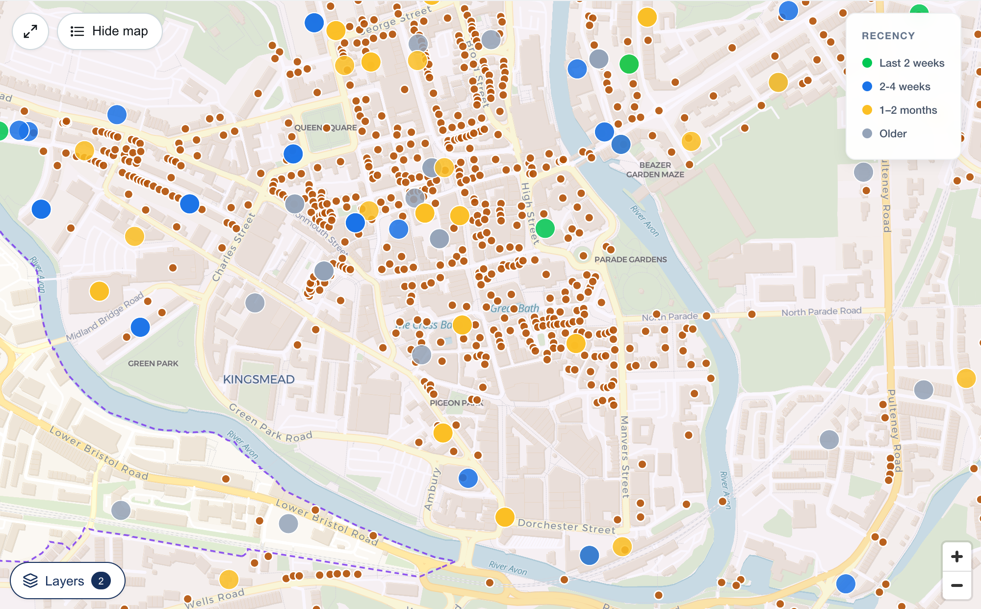 A map of central Bath with listed buildings and conservation areas switched on: orange dots for the listed buildings and a purple outline around the conservation area.
