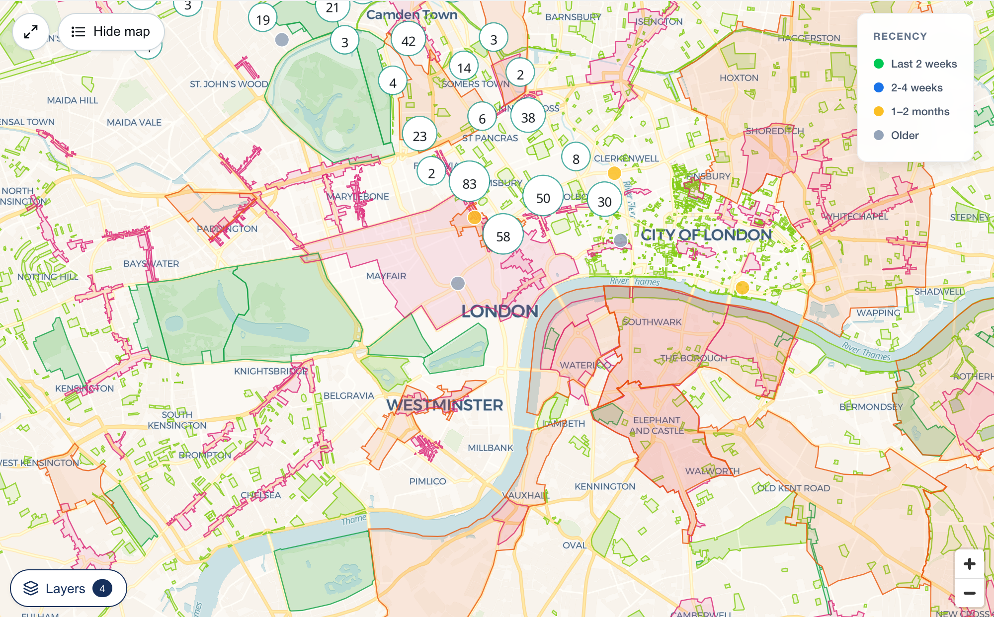 A map of central London with Metropolitan Open Land, designated open space, town centres and opportunity areas switched on, each drawn in its own colour with a visible outline.