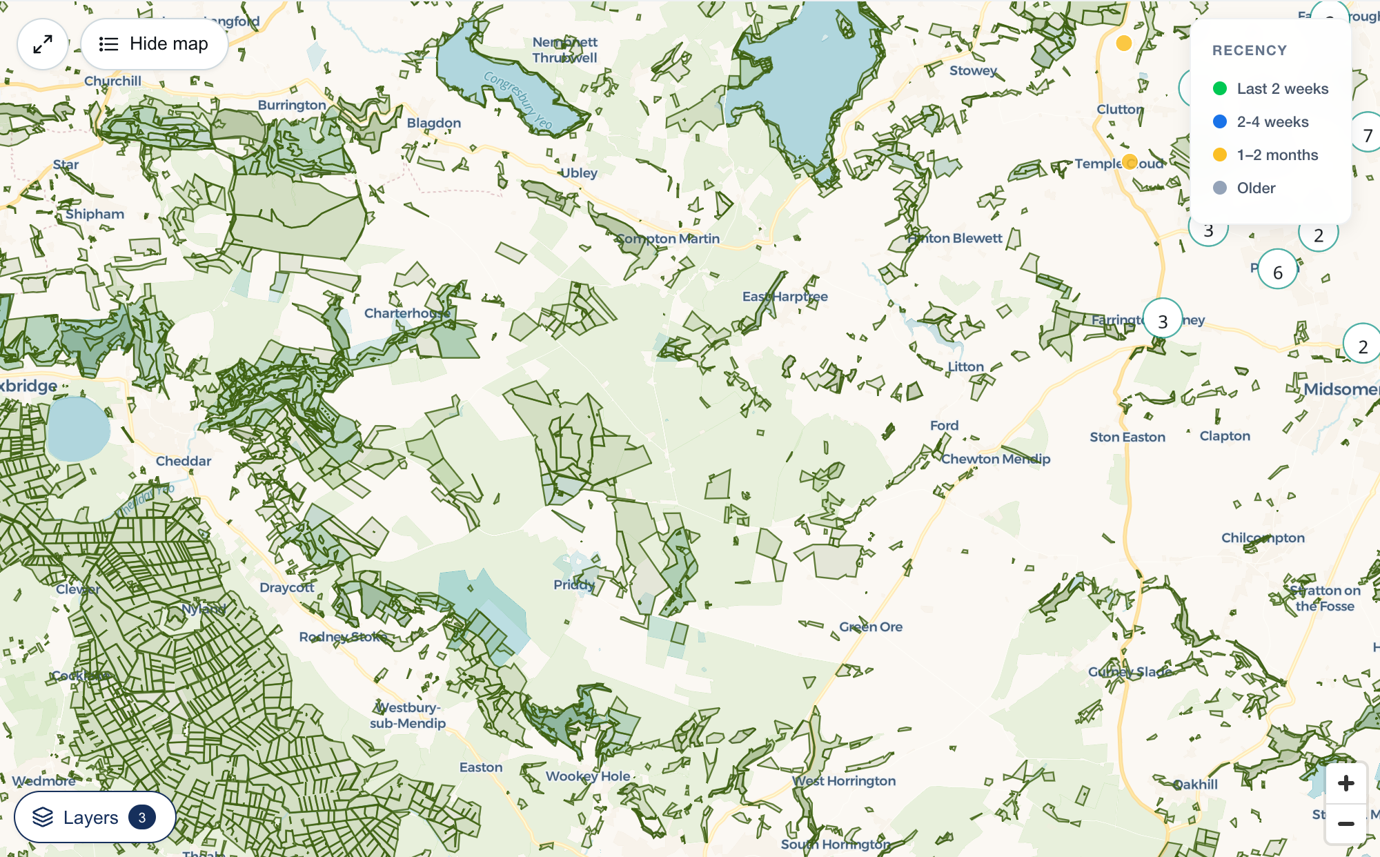 A map of the Mendips with SSSI, ancient woodland and priority habitats switched on, each designation drawn with a coloured outline so the boundaries stay legible over green countryside.
