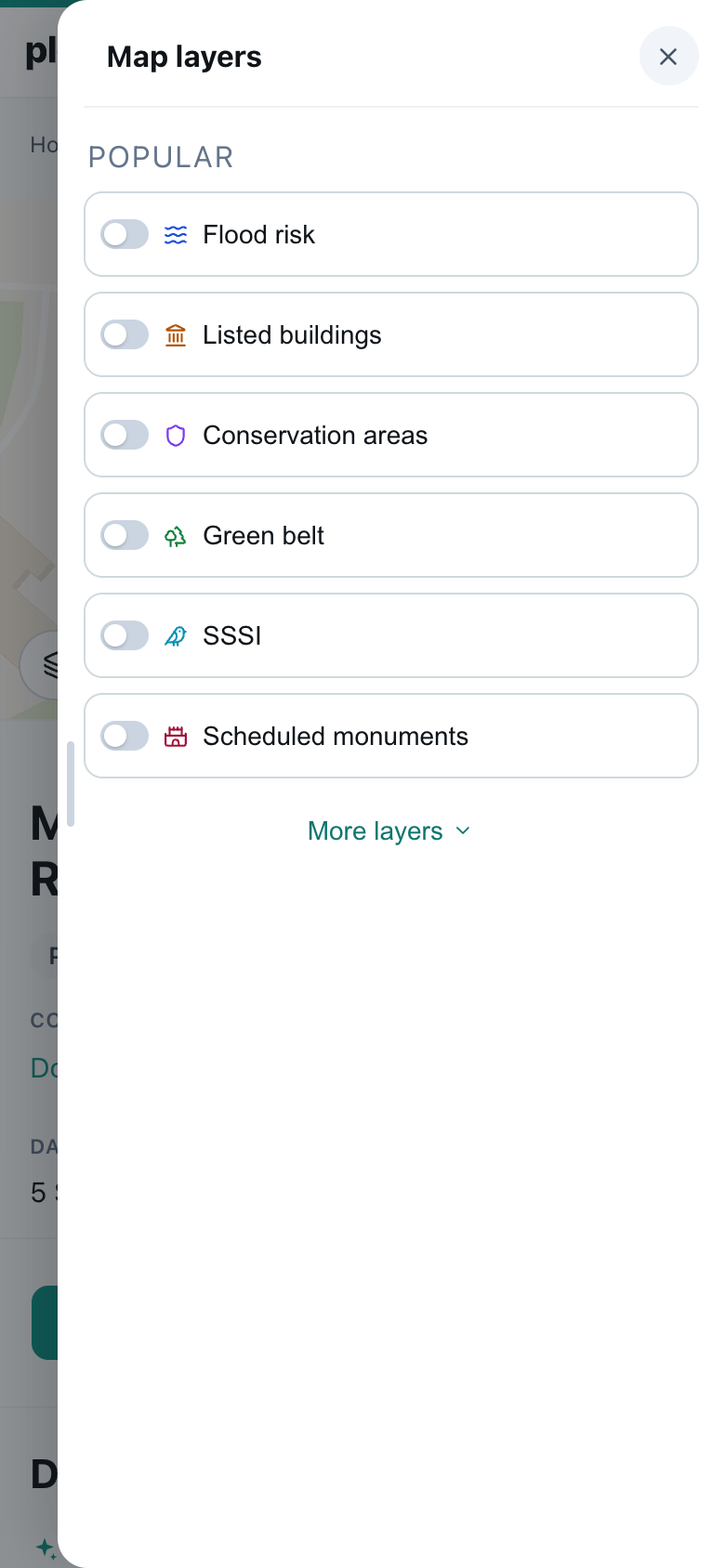 The same layers on a phone, in a full height drawer down the right of the screen with a fixed header and the switches scrolling under it.