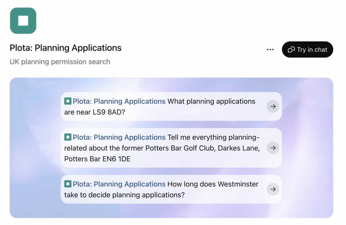 Plota: Planning Applications in ChatGPT's plugin directory, with example questions about LS9 8AD, the former Potters Bar Golf Club and how long Westminster takes to decide