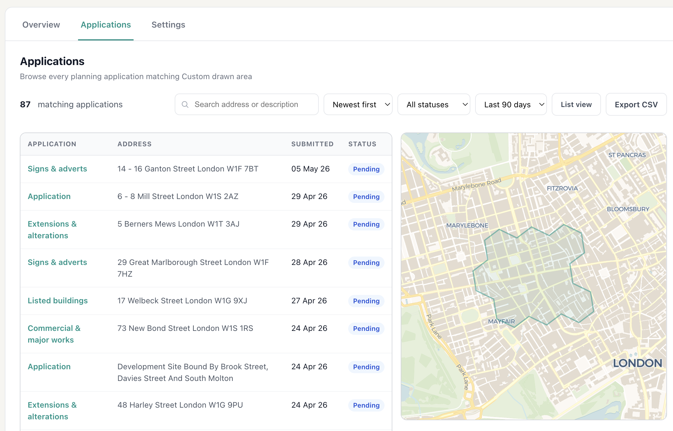 Applications tab: sortable table of matched applications on the left, search and filter toolbar above, and a map on the right showing each application pinned inside the drawn alert area.