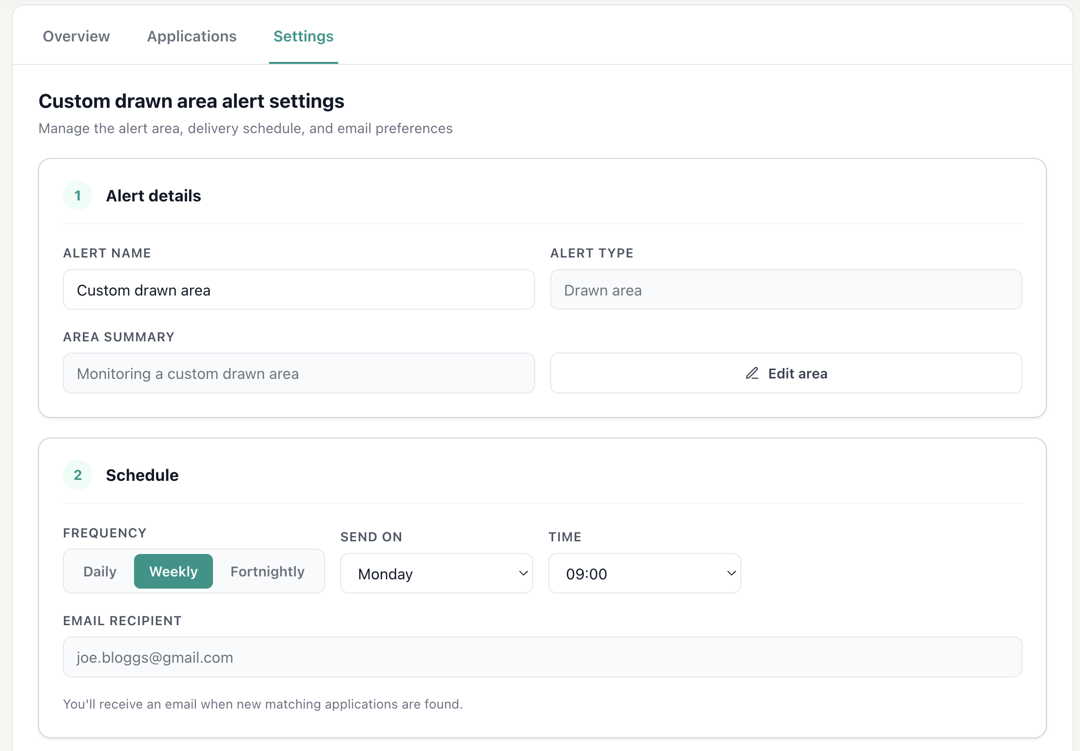 Settings tab: alert details, schedule (daily / weekly / fortnightly with day and time), and recipient email.