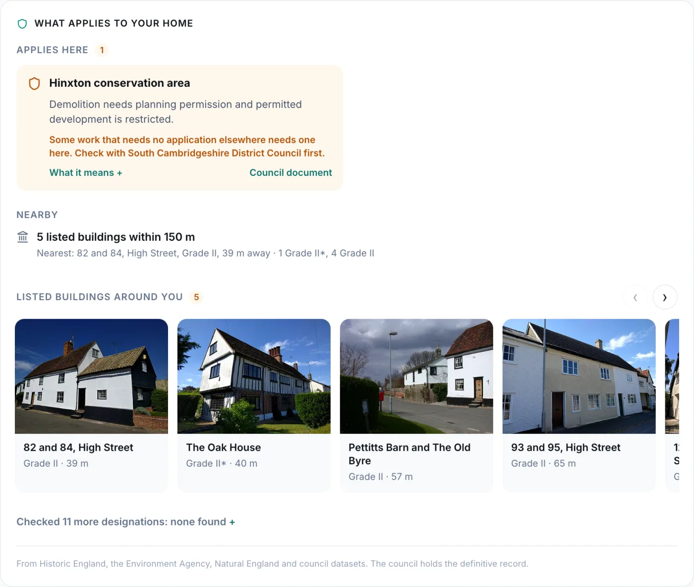 What applies to your home for 101 High Street, Hinxton: the Hinxton conservation area, where some work that needs no application elsewhere needs one, then five listed buildings within 150 metres shown as photographs: 82 and 84 High Street, The Oak House, Pettitts Barn and The Old Byre, and 93 and 95 High Street.