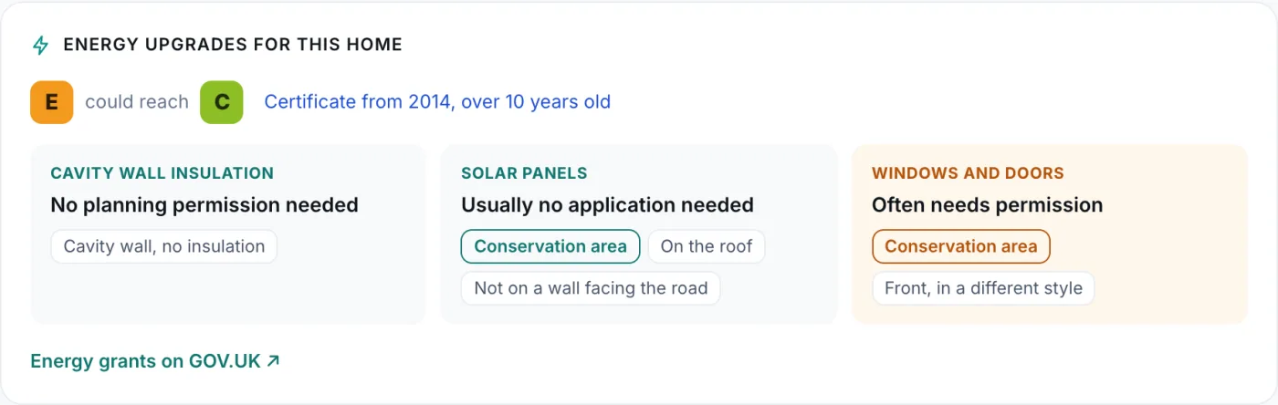 Energy upgrades for 101 High Street, Hinxton: rated E, could reach C, with cavity wall insulation needing no planning permission, solar panels usually needing no application if not on a wall facing the road, and windows and doors often needing permission in the conservation area.