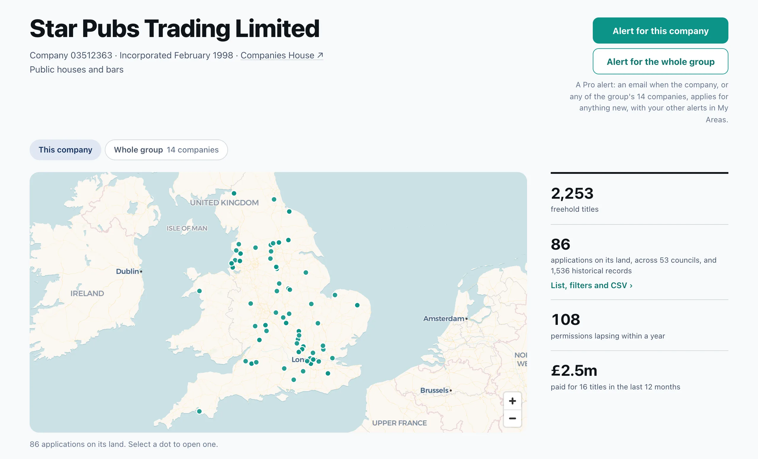 The owner profile for Star Pubs Trading Limited: a map of its applications across England, 2,253 freehold titles, 86 applications on its land and 1,536 historical records, 108 permissions lapsing within a year, and 2.5 million pounds paid for 16 titles in the last 12 months, with the buttons Alert for this company and Alert for the whole group.