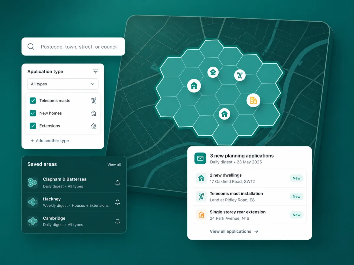 Illustration showing a planning alerts workflow with a search bar, application type filters, a map with a custom selected area, saved areas, and an alert digest card.