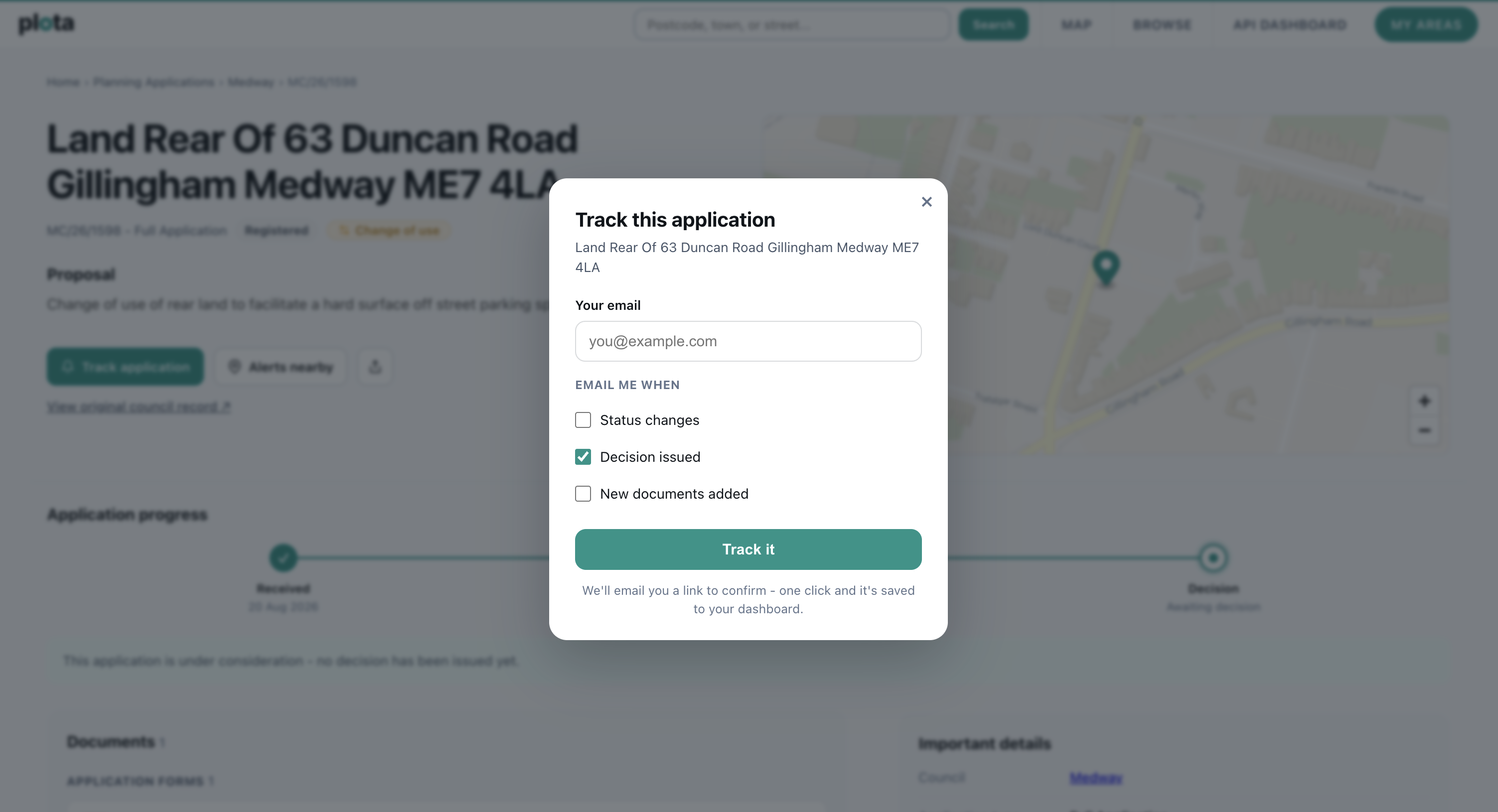 The Track this application dialog on a Plota planning application page, with email field and options for status changes, decision issued and new documents